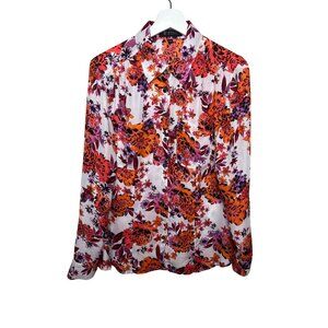 Guess Top Womens Small Button Down Shirt Boho Floral Blouse White Orange Fall